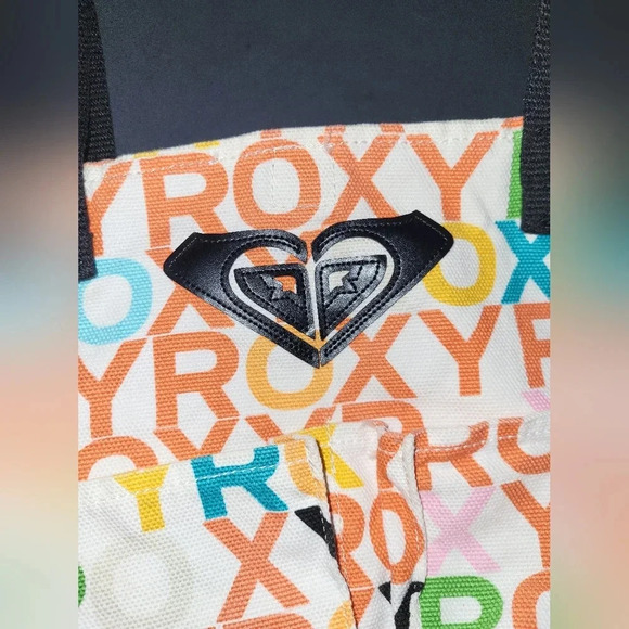 Roxy White Orange Colorful Tote with Black Straps Hook and Loop Closure - Picture 3 of 6
